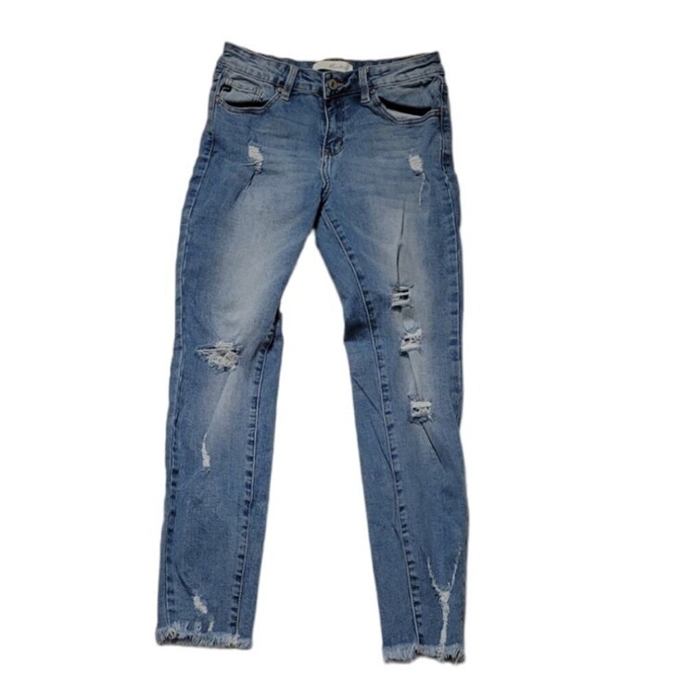 Kancan Augustina Mid Rise Ankle Skinny Jeans Distressed Frayed Hem Utility- 7/27